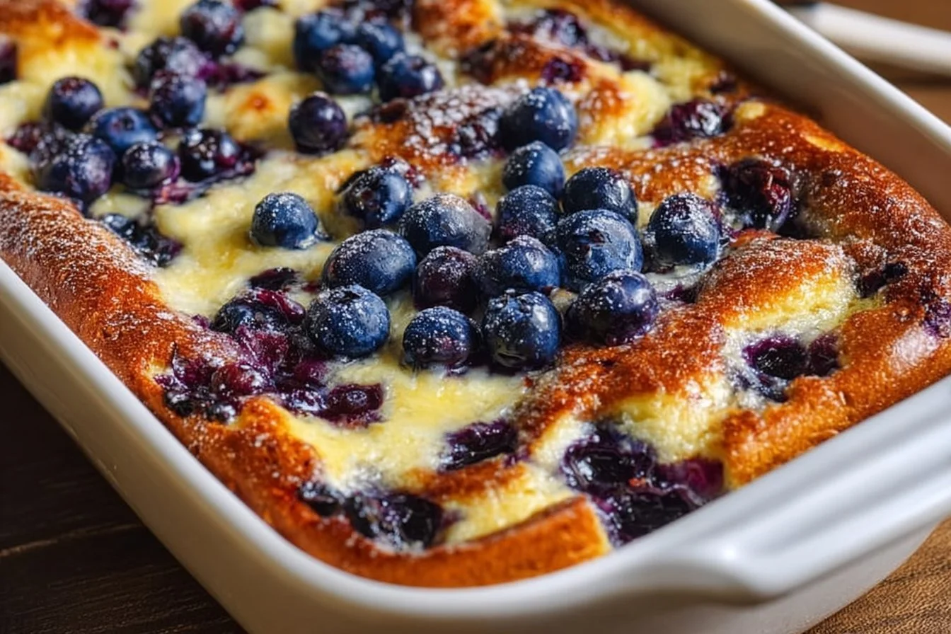 Blueberry buttermilk pancake casserole in a baking dish
