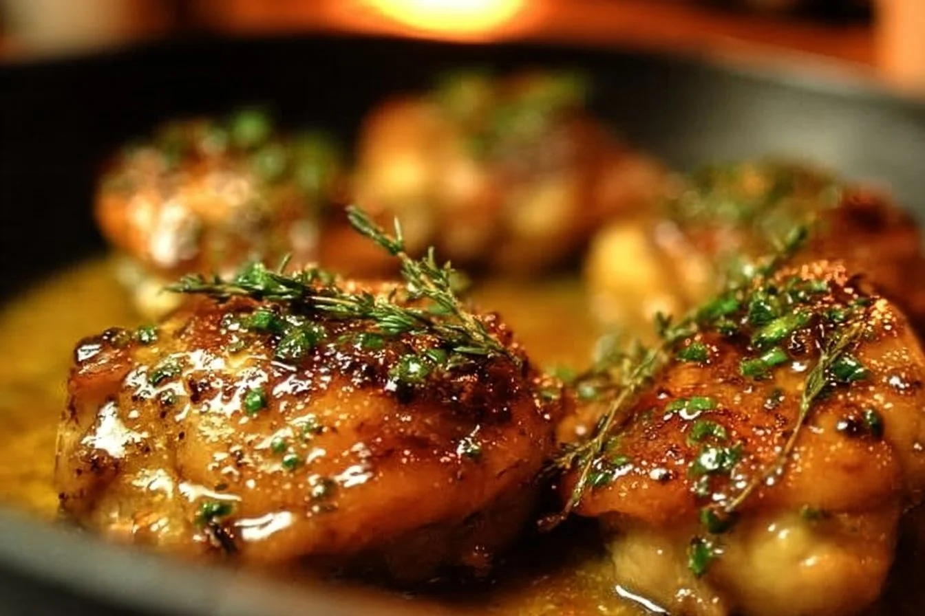 Bobby Flay's delicious recipe for juicy chicken thighs on a plate