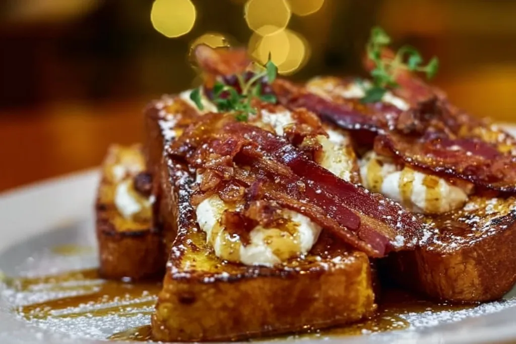 Plate of Bourbon Maple Bacon French Toast topped with syrup and bacon