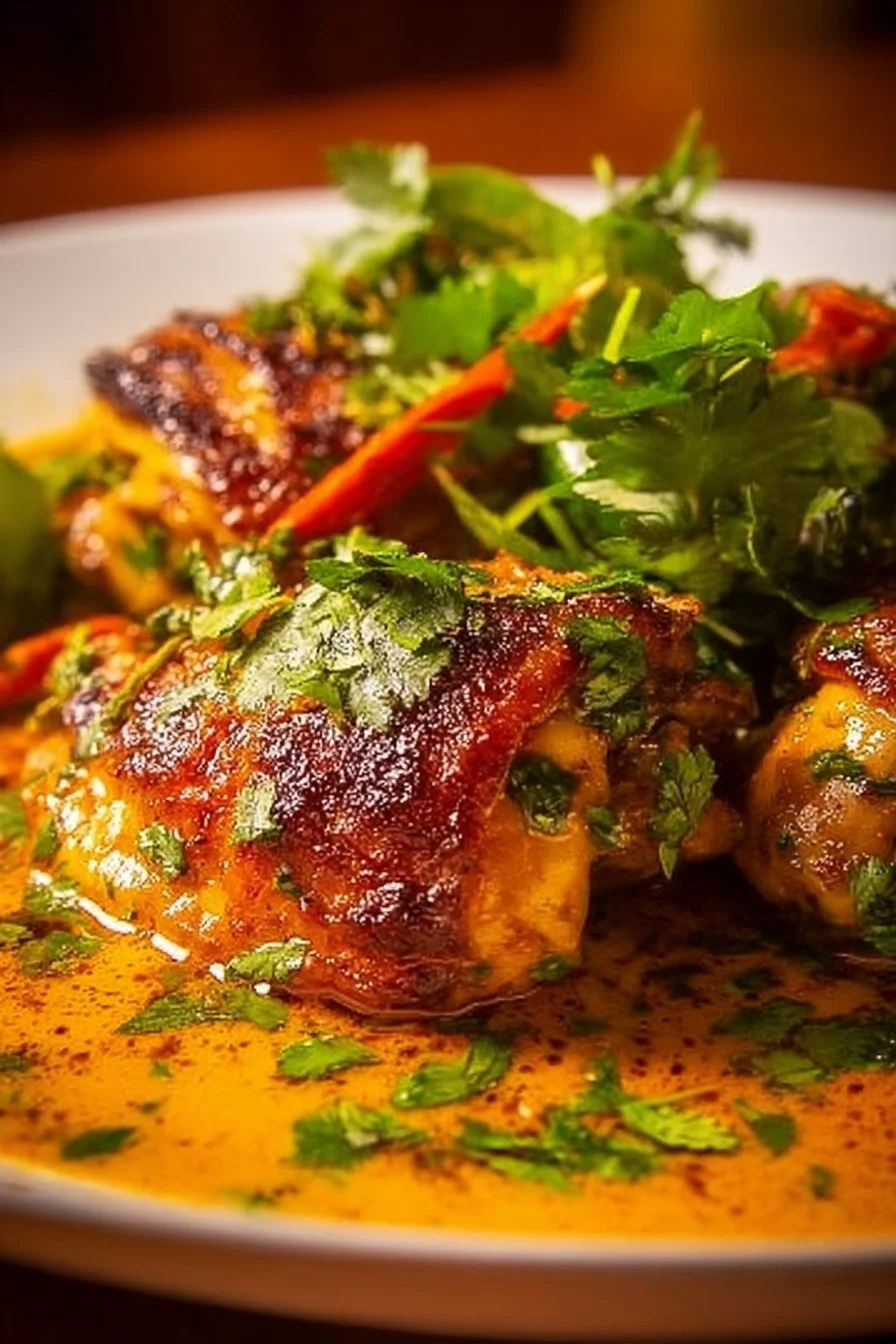 Delicious Brazilian Coconut Chicken served with herbs and spices.