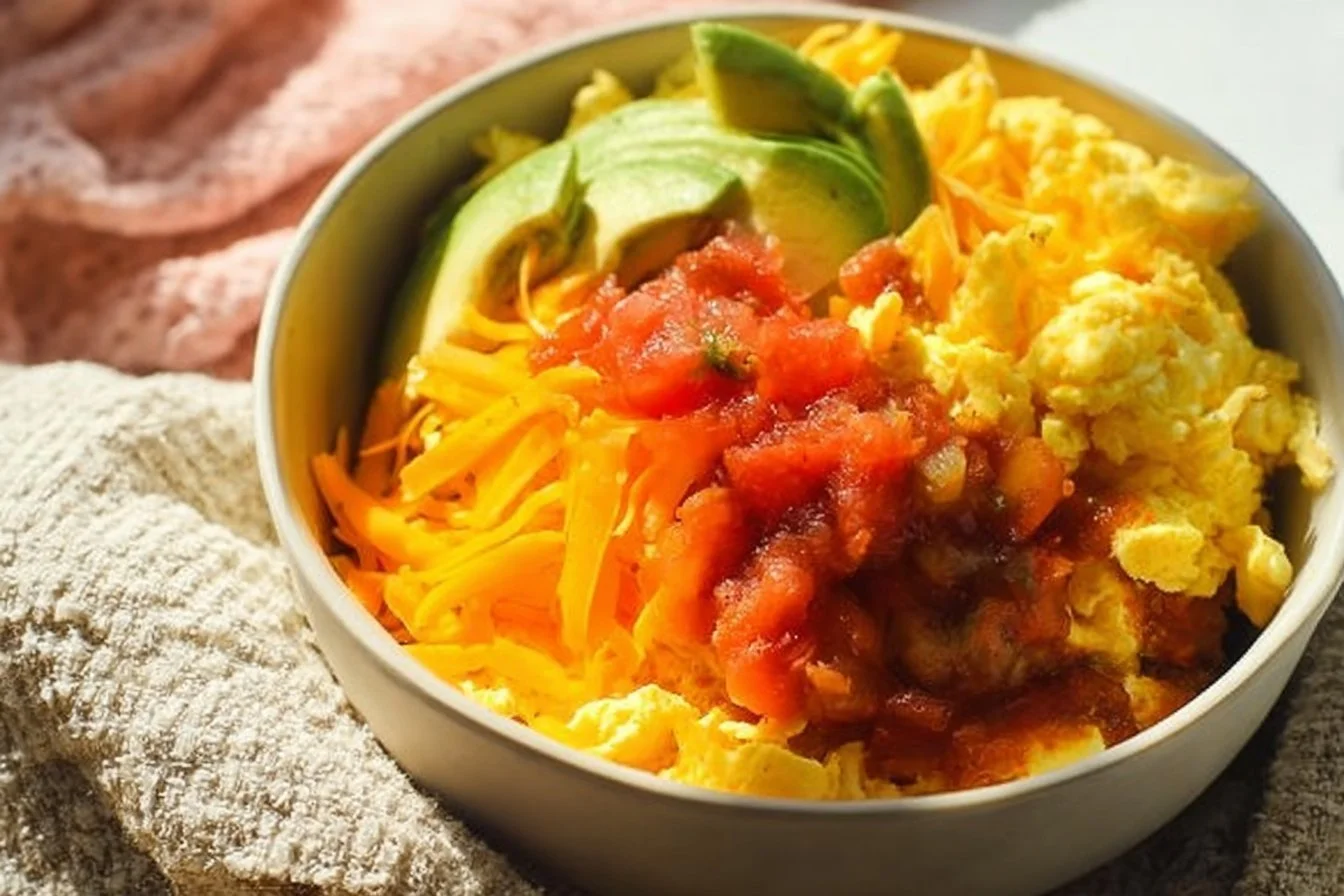 Delicious breakfast burrito bowl filled with eggs, beans, and fresh veggies