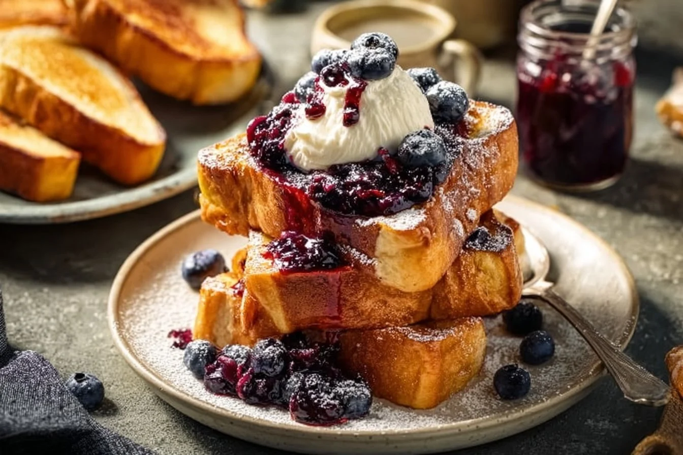 Brioche French Toast topped with homemade blueberry compote on a white plate