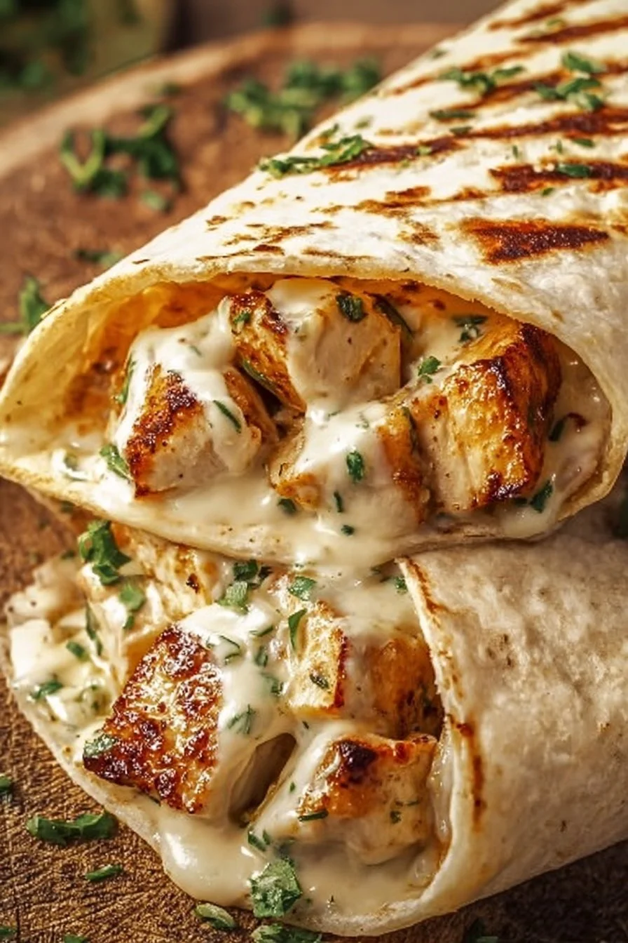 Cheesy garlic chicken wraps with melted cheese and fresh garlic
