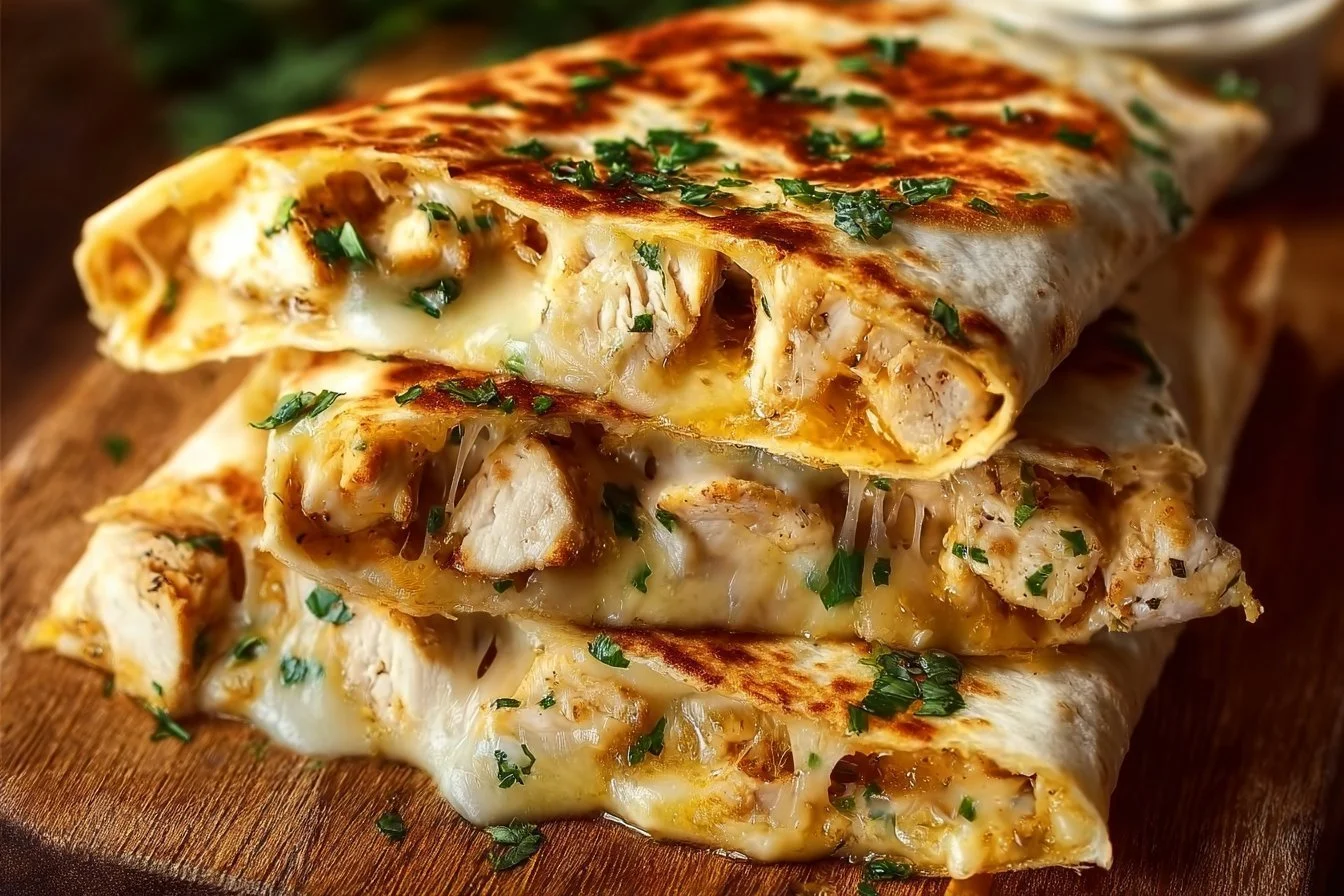 Cheesy garlic chicken wraps with fresh ingredients and melted cheese