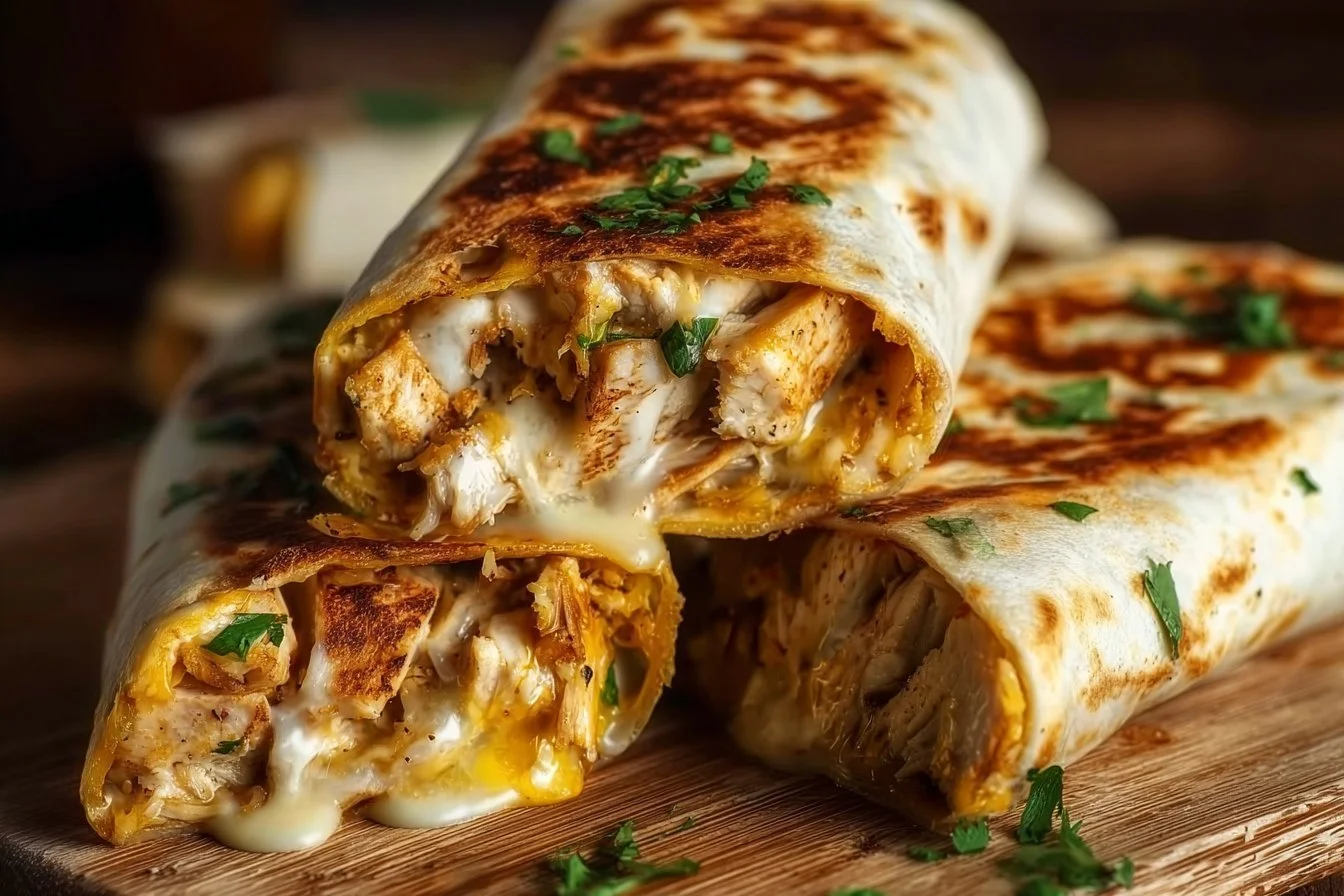 Delicious cheesy garlic chicken wraps served on a plate