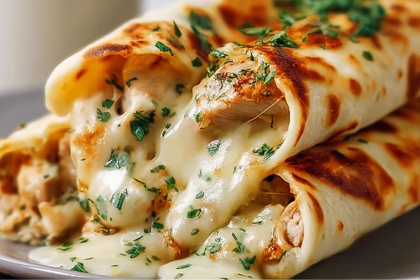 Cheesy Garlic Chicken Wraps garlic chicken wraps Delicious cheesy garlic chicken wraps on a plate with fresh ingredients