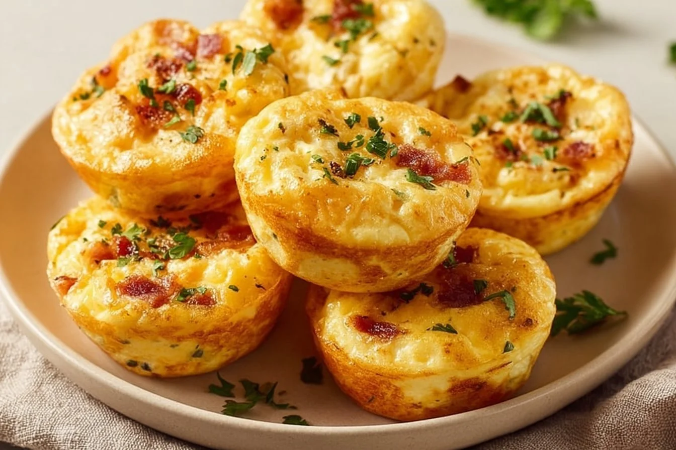 Cheesy muffin tin cottage cheese egg bites on a plate, ready to eat