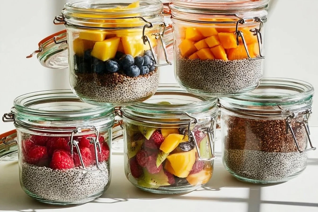 Delicious chia pudding topped with fresh fruits and nuts