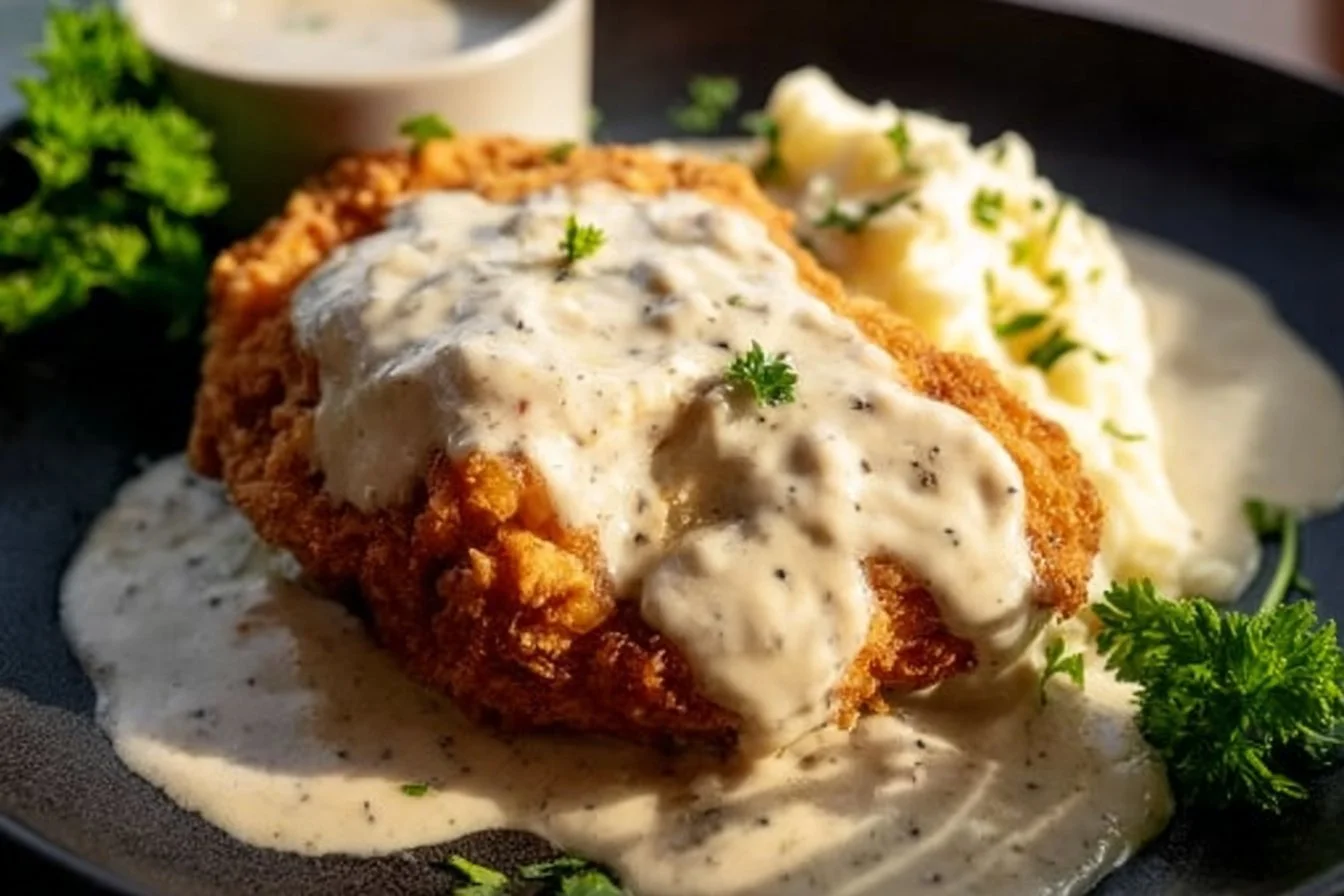 Deliciously crispy chicken fried chicken served with sides