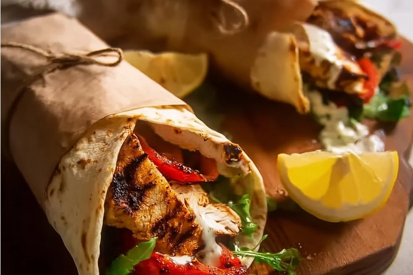 Delicious Chicken Shawarma Wraps served with fresh vegetables and sauces