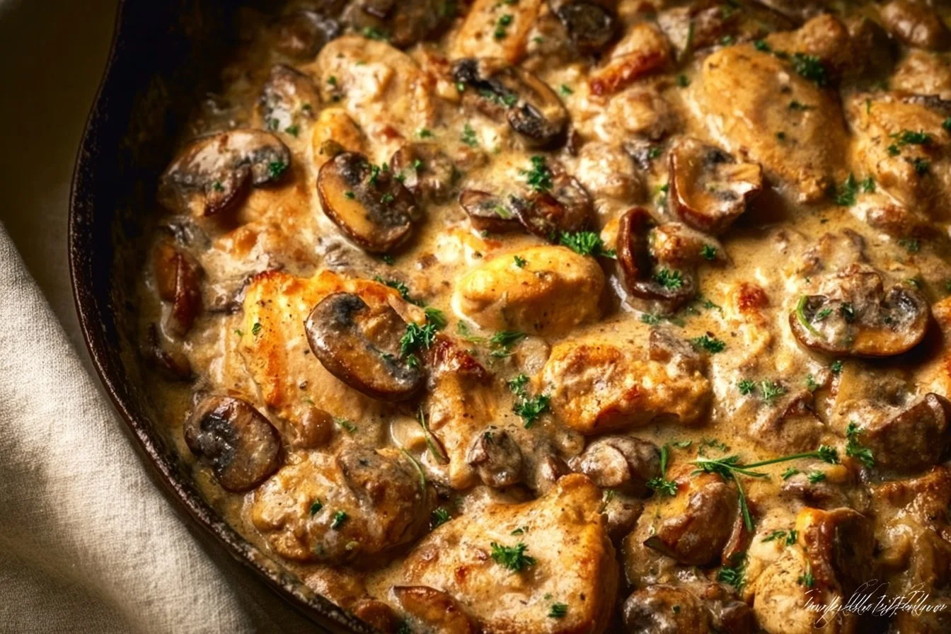 Delicious bowl of Chicken Stroganoff with creamy sauce and mushrooms