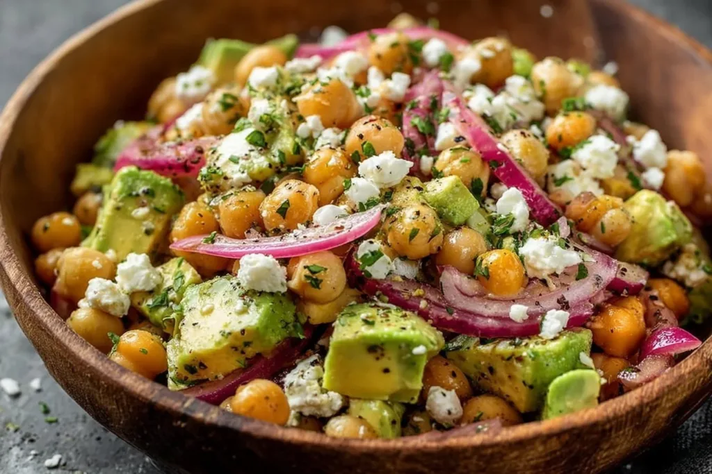 Chickpea Feta Avocado Salad with colorful vegetables and dressing
