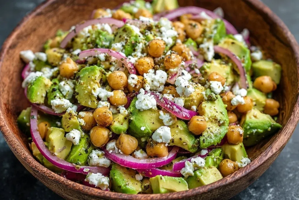 Chickpea Feta Avocado Salad with fresh ingredients in a bowl