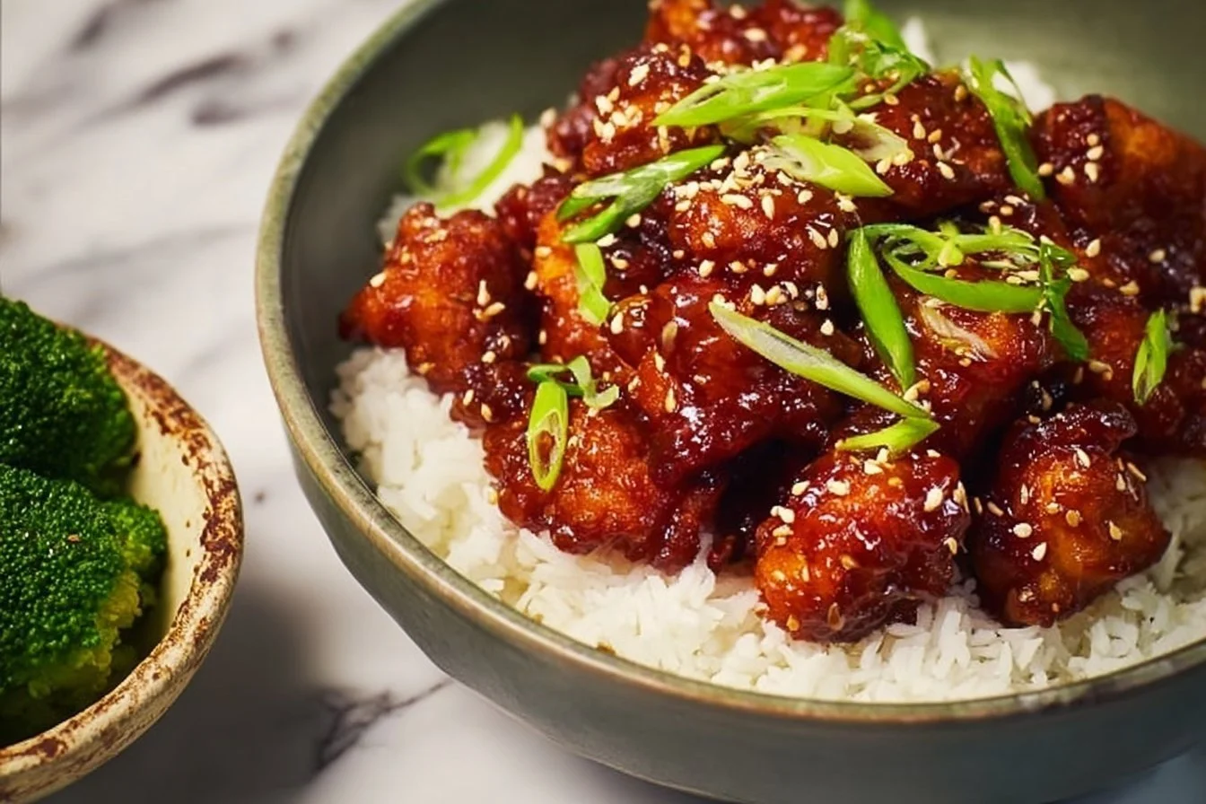 Delicious Chinese chicken dish garnished with vegetables and herbs.