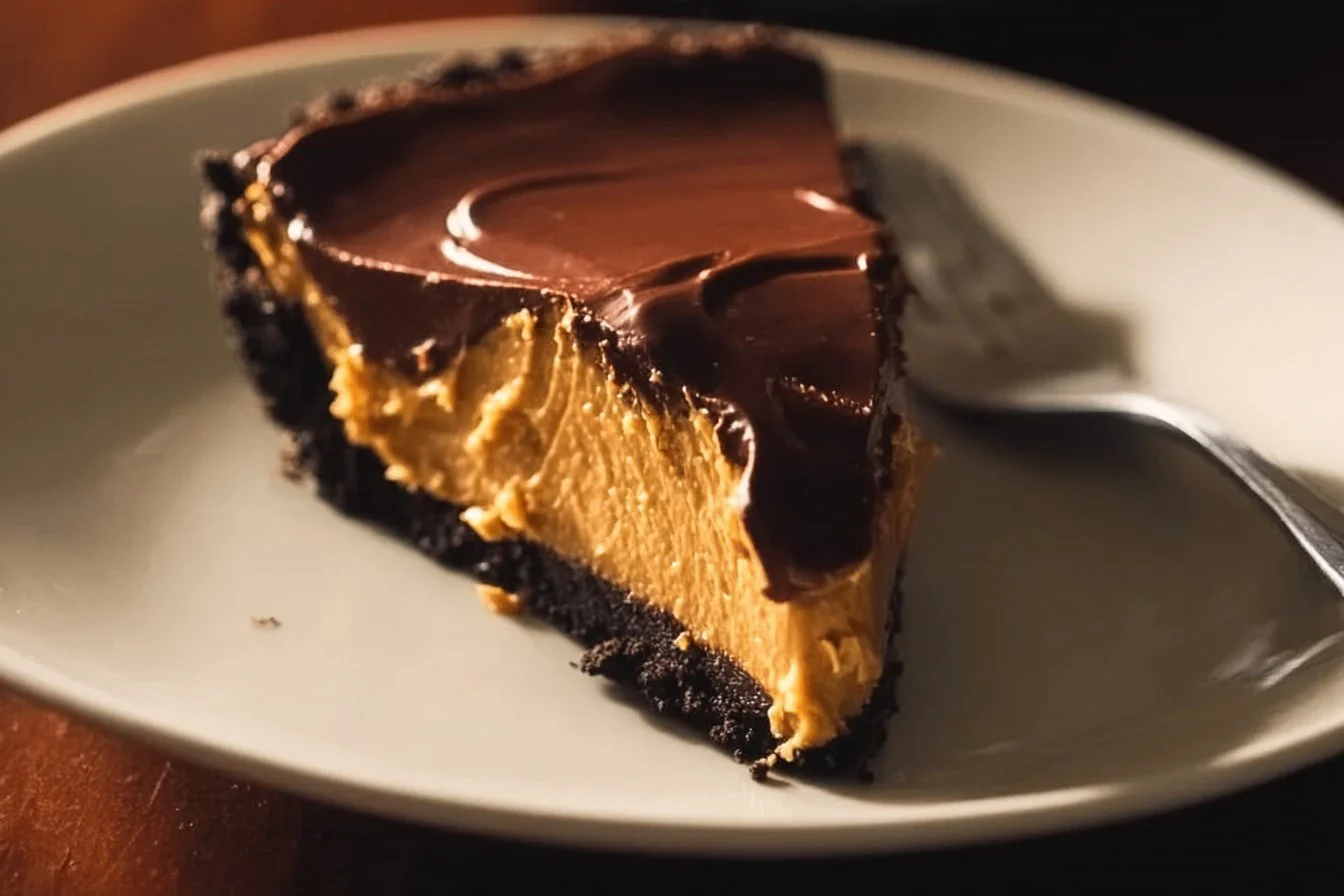 Delicious Chocolate Peanut Butter Pie slice on a plate.