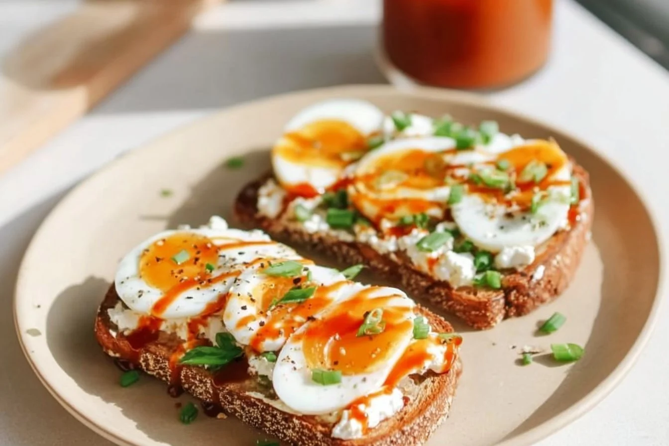 Cottage Cheese Egg and Sriracha Toast topped with fresh ingredients