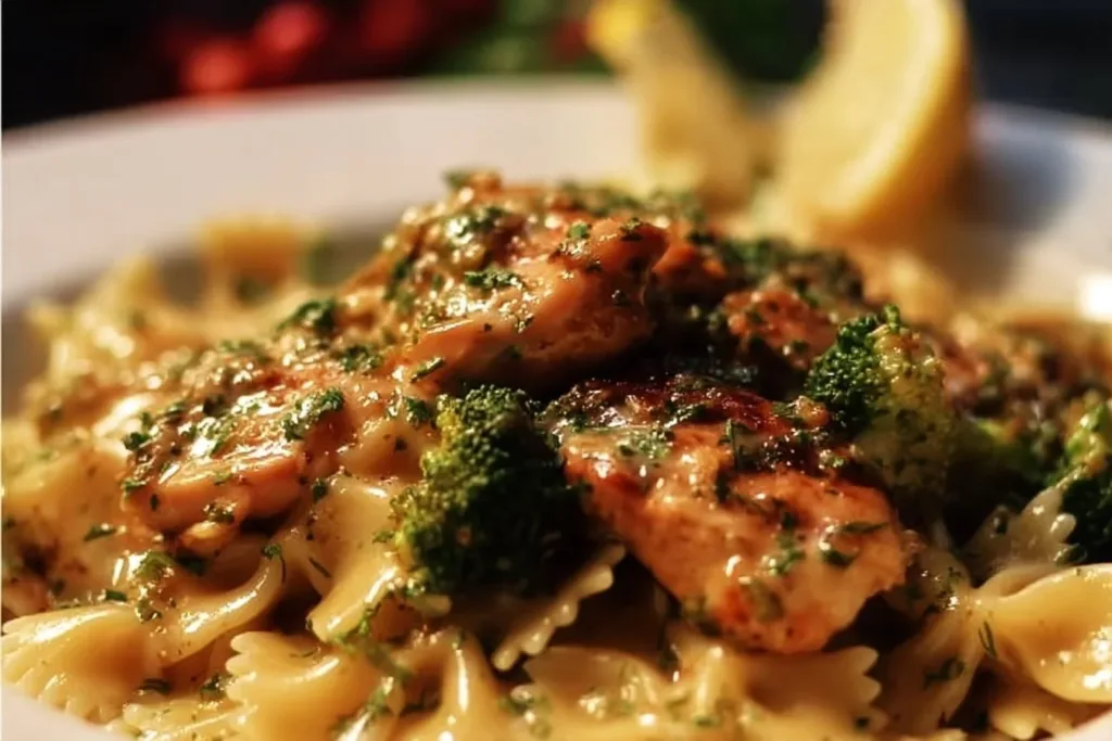 Cowboy Butter Lemon Bowtie Chicken served with Broccoli on a plate