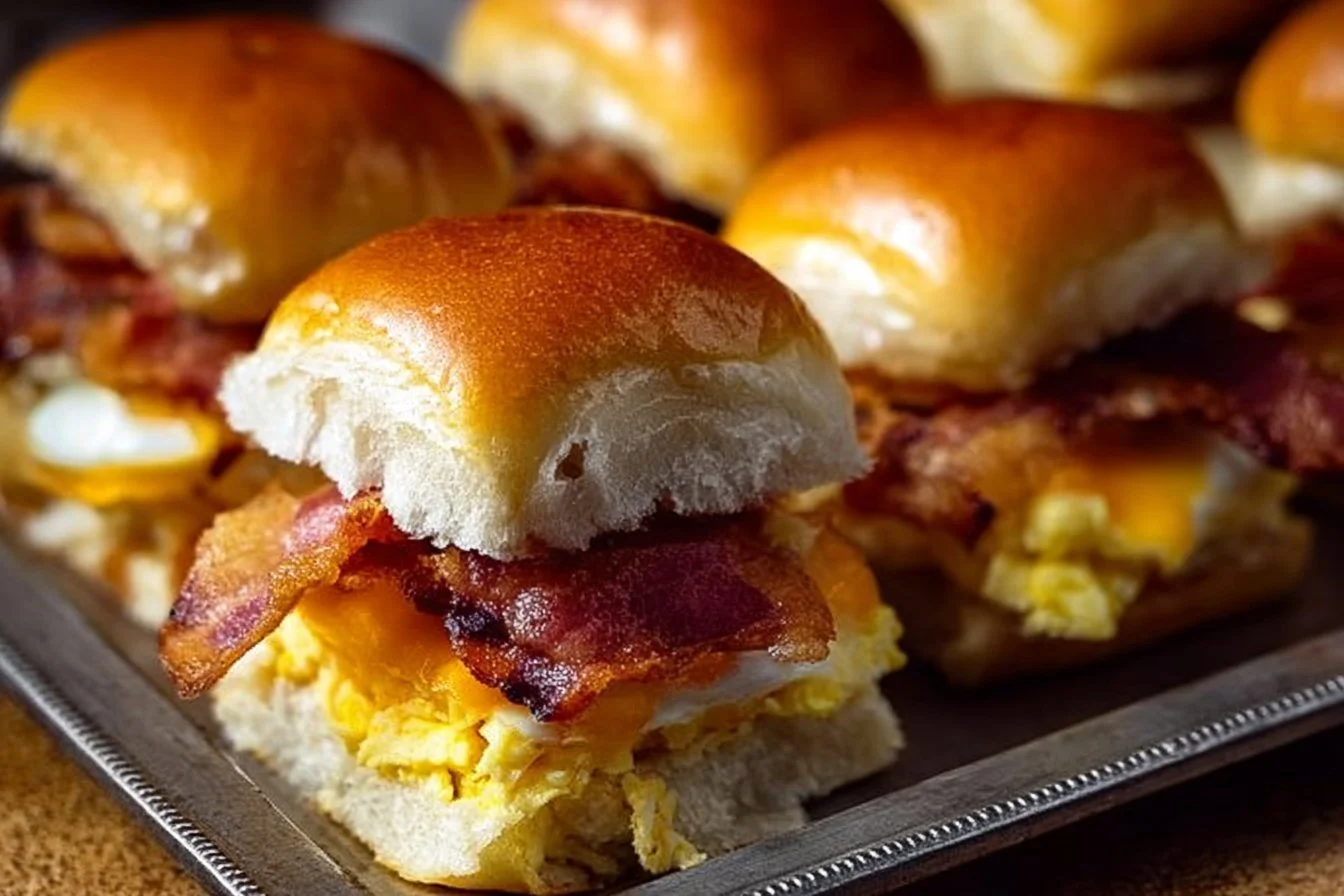 Crack Breakfast Sliders with eggs, cheese, and sausage on fluffy buns