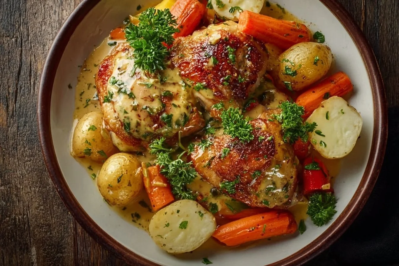 Creamy Baked Dijon Chicken Thighs Dijon chicken Creamy baked Dijon chicken thighs served with herbs and vegetables