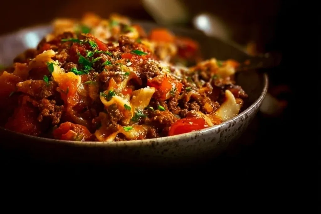 Creamy cheesy ground beef casserole topped with melted cheese and fresh herbs