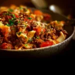 Creamy cheesy ground beef casserole topped with melted cheese and fresh herbs