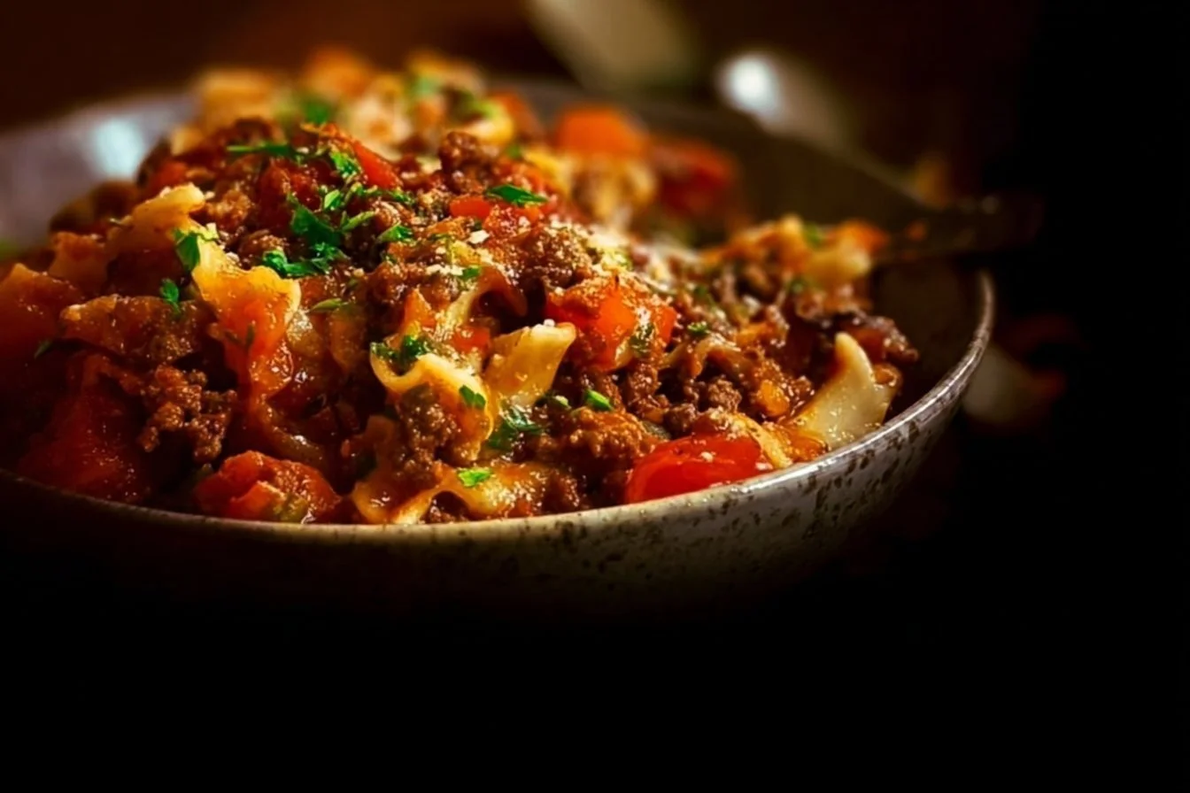 Creamy cheesy ground beef casserole topped with melted cheese and fresh herbs