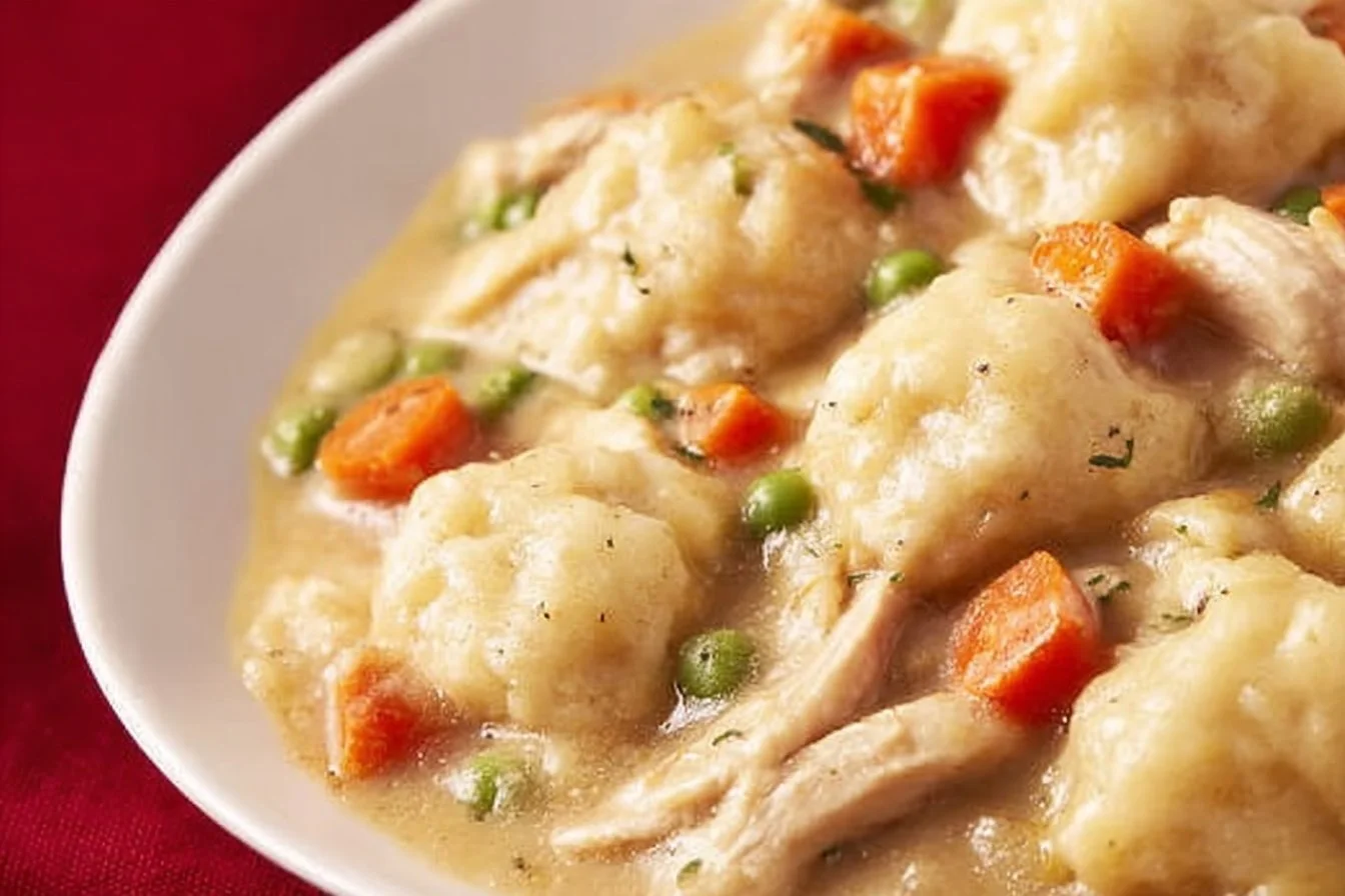 Creamy Crockpot Chicken and Dumplings chicken and dumplings Creamy crockpot chicken and dumplings served in a bowl with herbs.