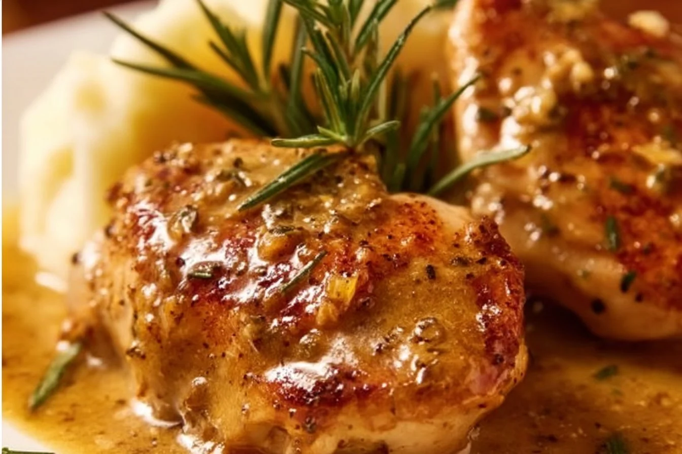Creamy garlic chicken dish garnished with herbs, served on a plate