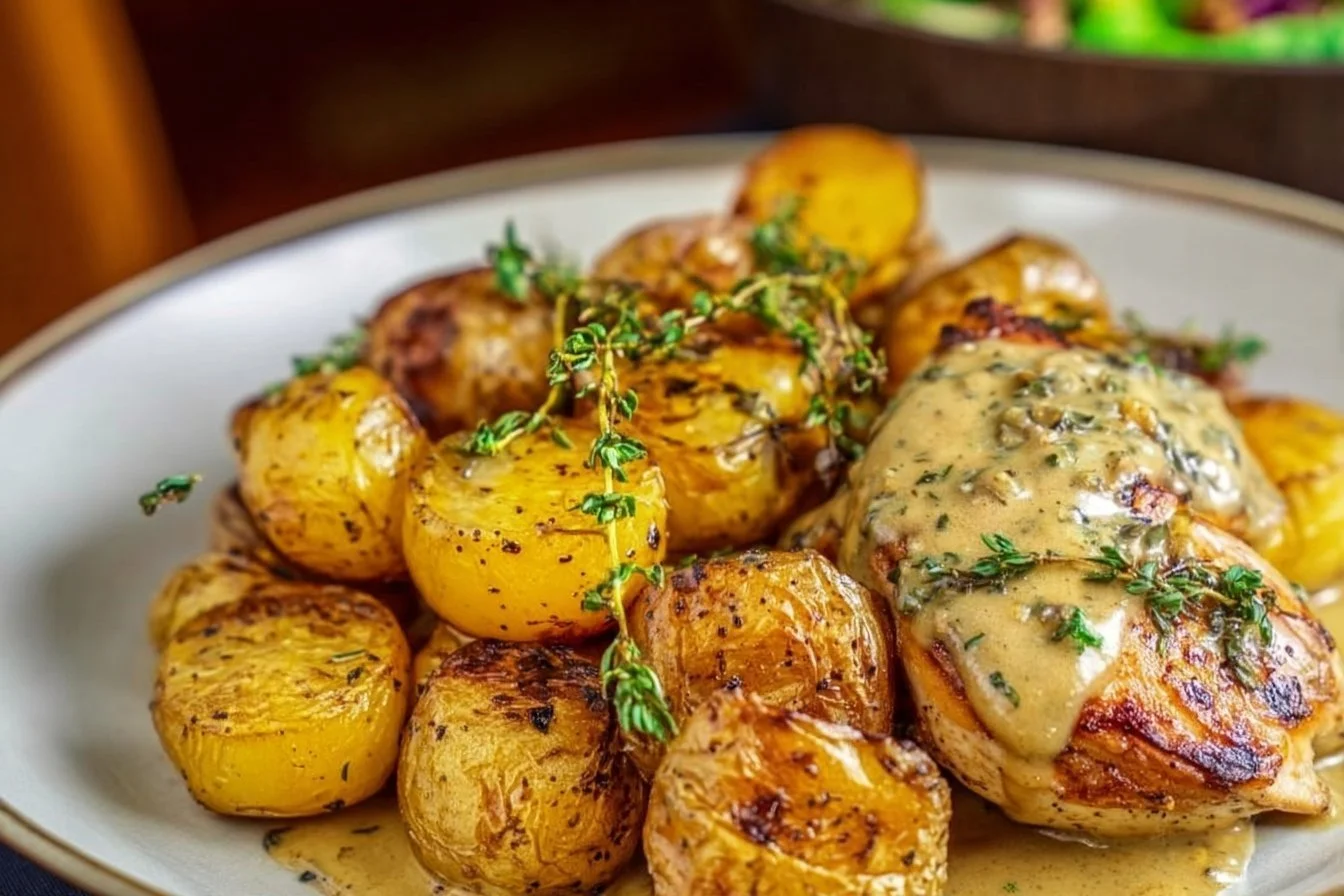 Delicious creamy garlic chicken served with flavorful potatoes