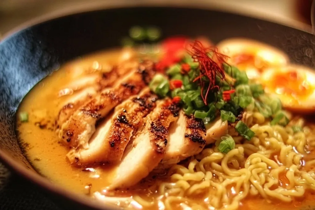 Creamy Garlic Chicken Ramen garnished with green onions and chili flakes in a bowl