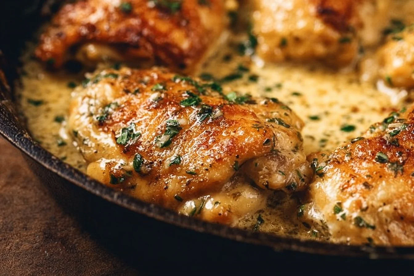 Creamy garlic chicken thighs cooked to perfection, garnished with herbs.