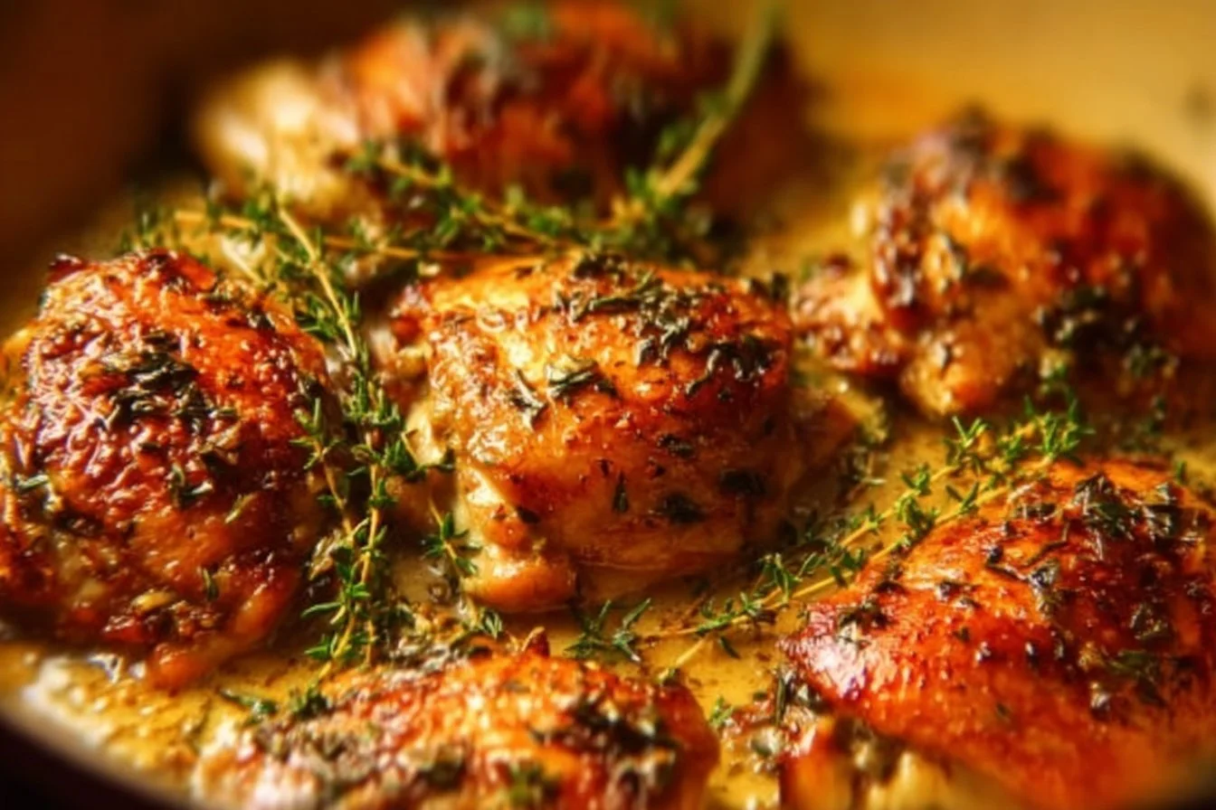 Creamy garlic chicken thighs served on a plate with herbs and spices
