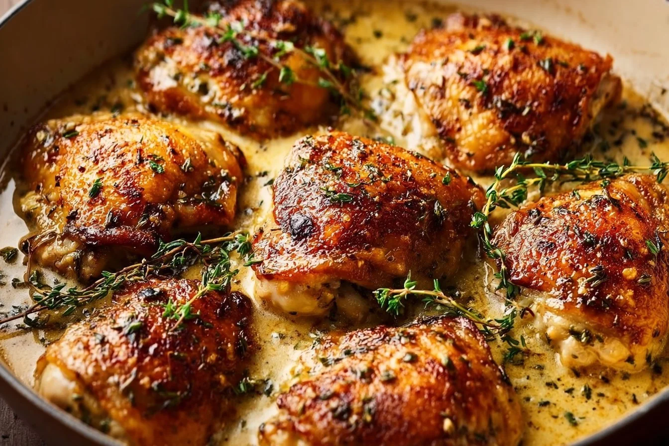 Creamy garlic chicken thighs served on a plate with herbs and a side of vegetables