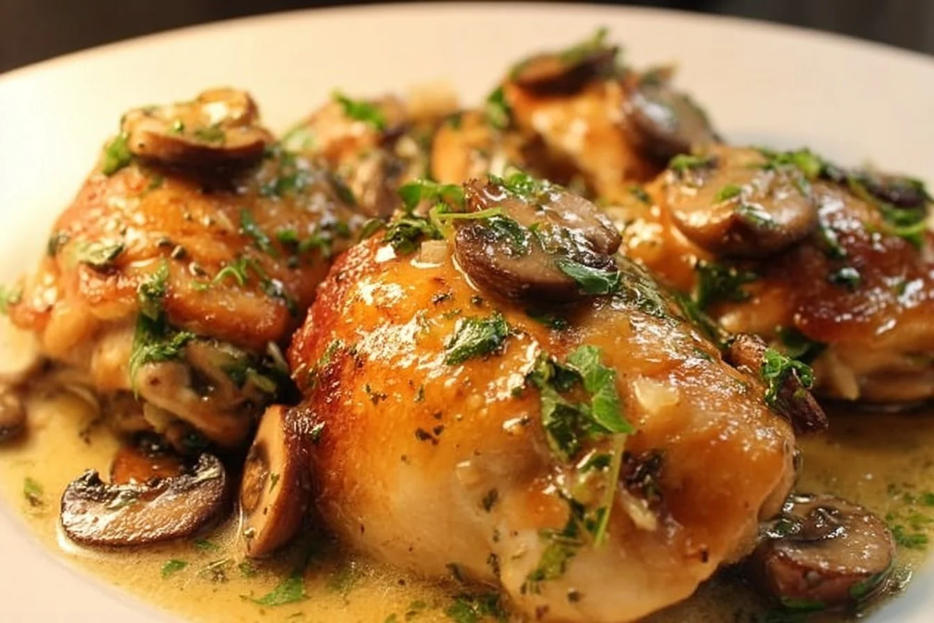 Creamy garlic mushroom chicken thighs served on a plate with herbs.
