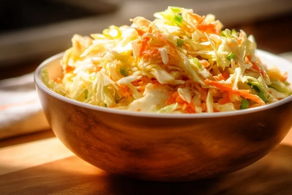 Creamy honey coleslaw dressing poured over fresh cabbage salad