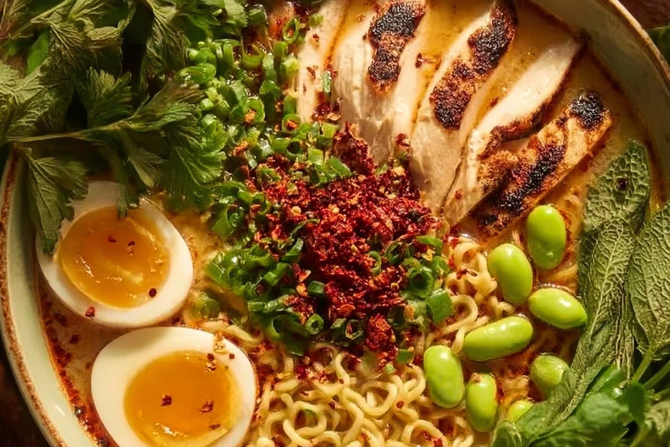 Delicious Creamy Marry Me Chicken Ramen bowl with fresh ingredients