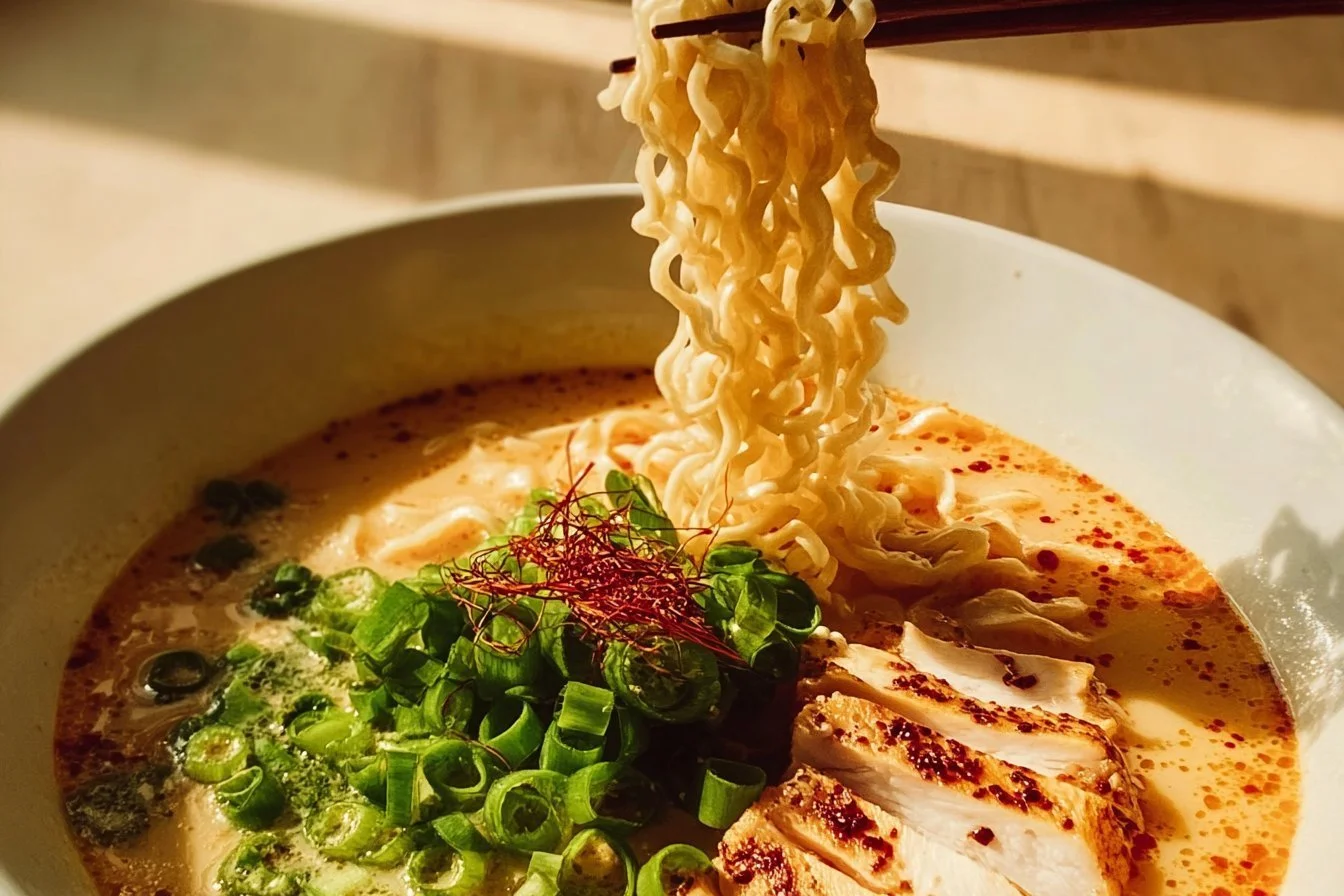 A delicious bowl of creamy Marry Me Chicken ramen topped with herbs