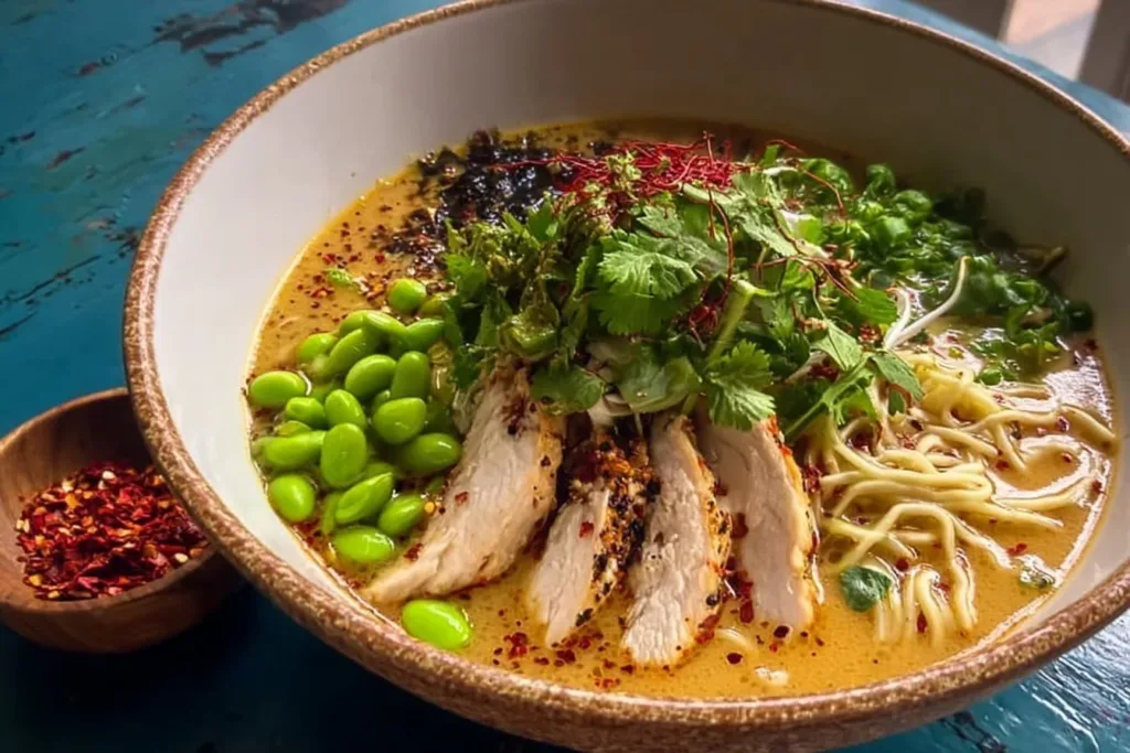 Creamy Marry Me Chicken Ramen in a bowl garnished with herbs