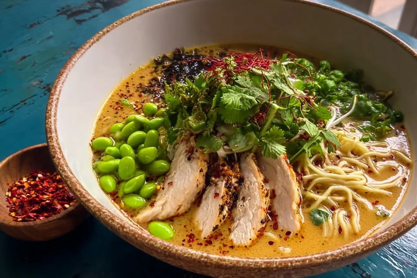 Creamy Marry Me Chicken Ramen in a bowl garnished with herbs
