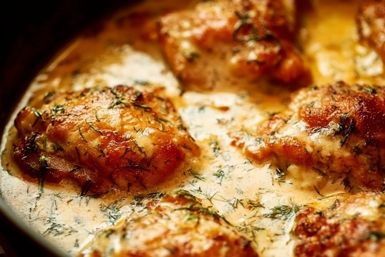 Creamy Oven Baked Chicken Thighs oven baked chicken Creamy oven baked chicken thighs served on a plate with herbs and spices