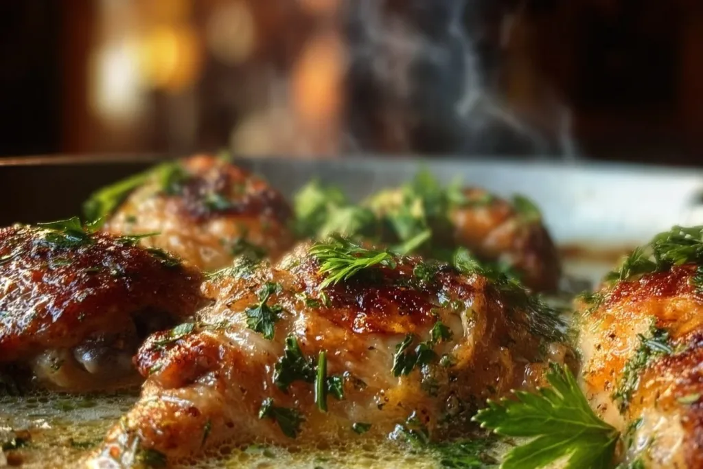 Creamy oven baked chicken thighs served on a plate with herbs.