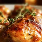 Creamy oven baked chicken thighs garnished with herbs and spices