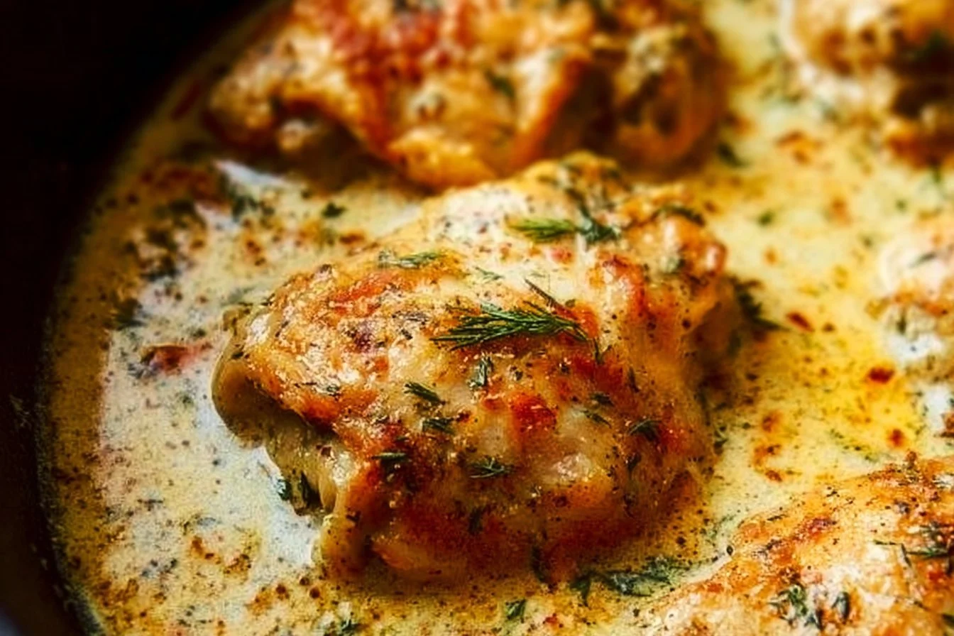 Creamy Oven Baked Chicken Thighs oven baked chicken Creamy oven baked chicken thighs served with a side of vegetables.