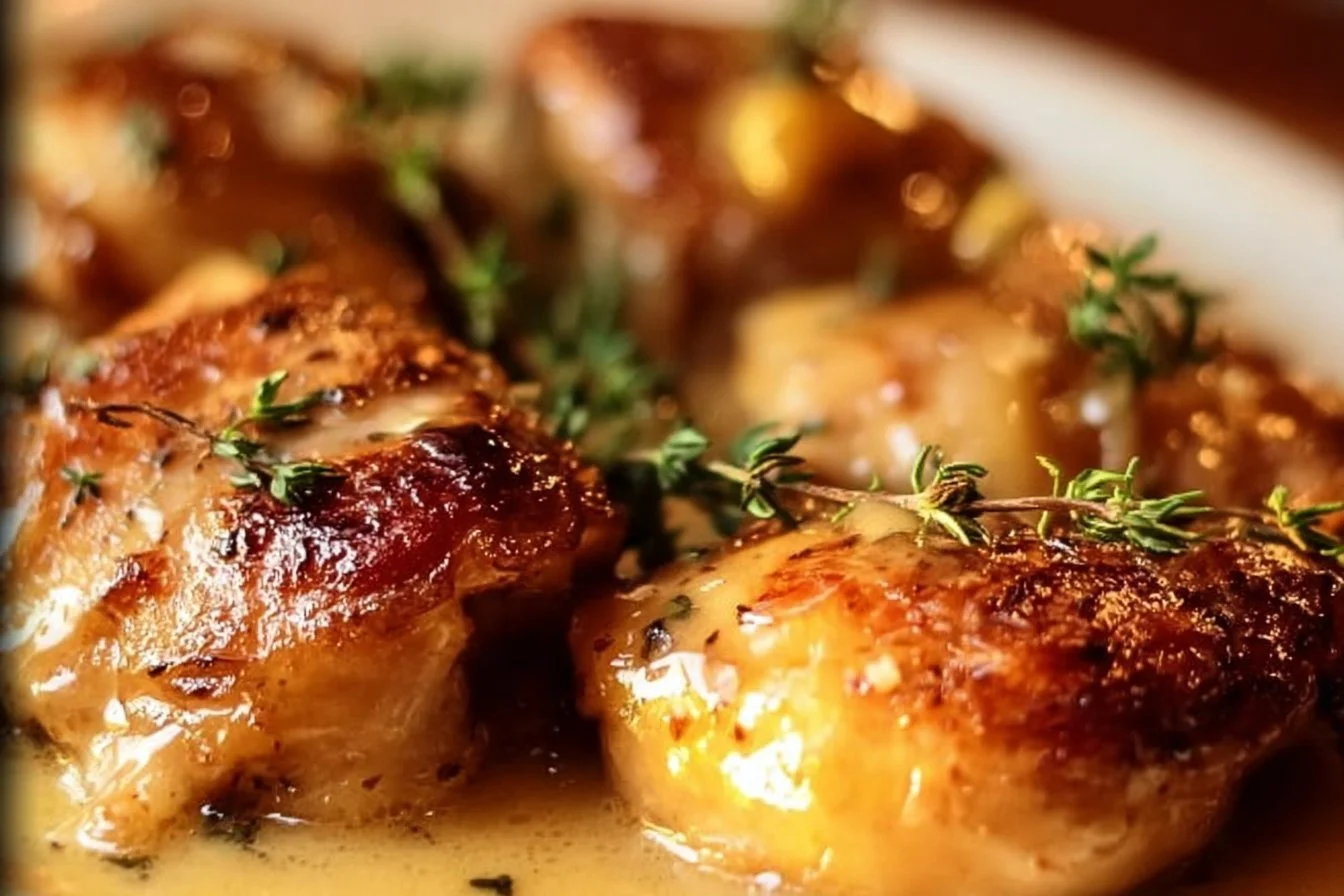 Creamy oven baked chicken thighs served with herbs and spices