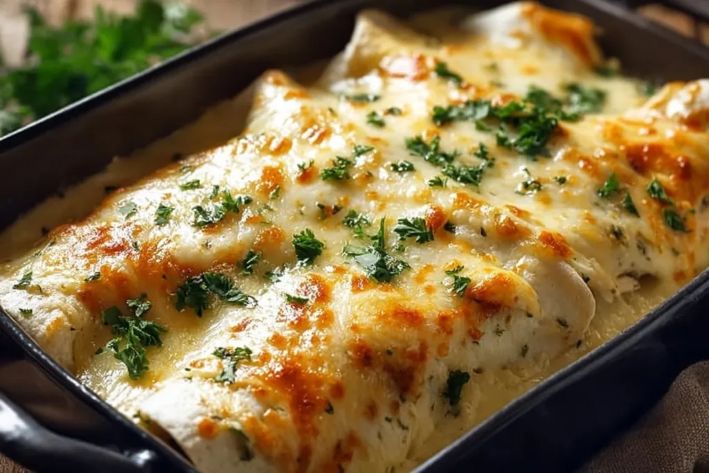 Creamy white chicken enchiladas topped with cheese and garnished