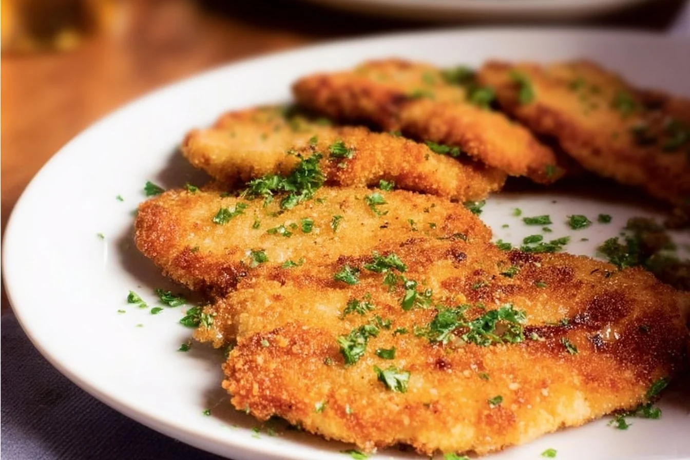 Crispy air fryer chicken cutlets served on a plate with dipping sauce