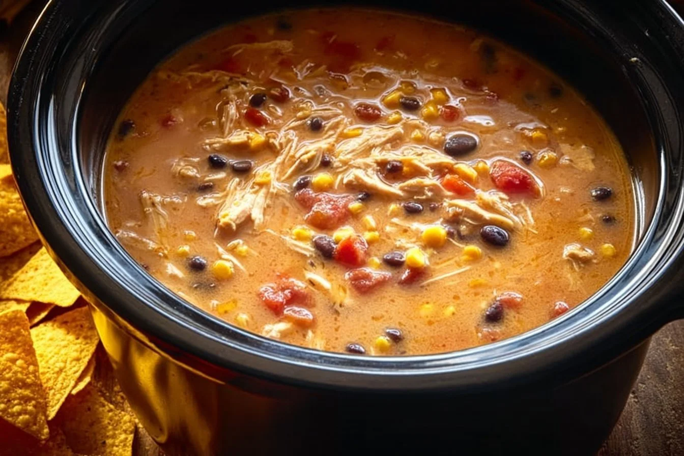 Crockpot Chicken Tortilla Soup chicken tortilla soup Bowl of Crockpot Chicken Tortilla Soup with toppings