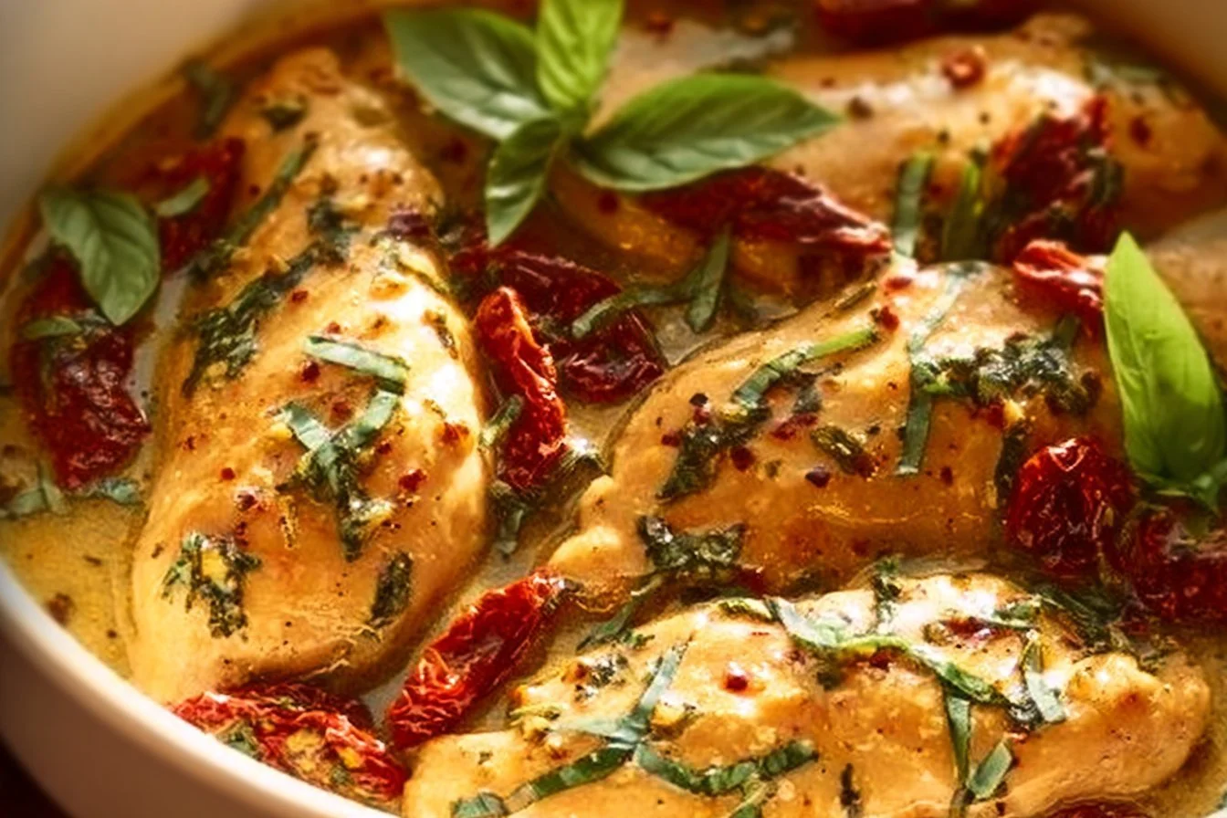 Delicious Crockpot Marry Me Chicken served on a plate with herbs