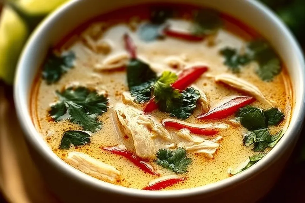 Crockpot Thai Coconut Chicken Soup garnished with fresh herbs