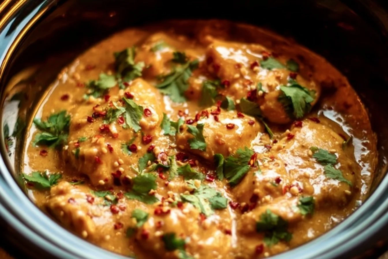 Crockpot Thai Peanut Chicken garnished with peanuts and cilantro